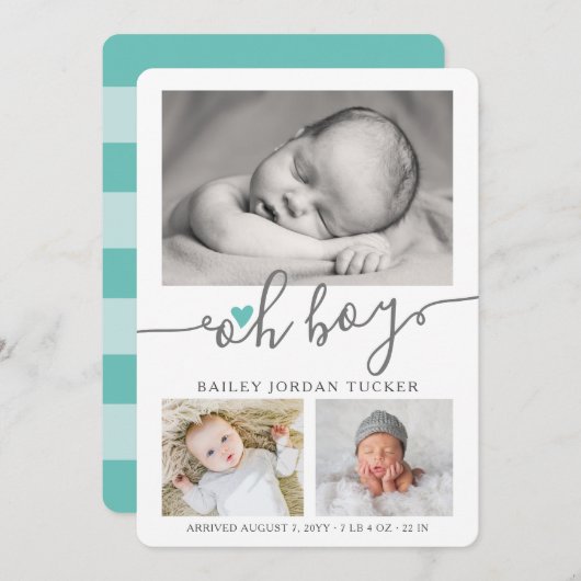 Oh Boy Script Light Blauwgroen Heart Collage Photo Aankondiging (Voorkant / Achterkant)