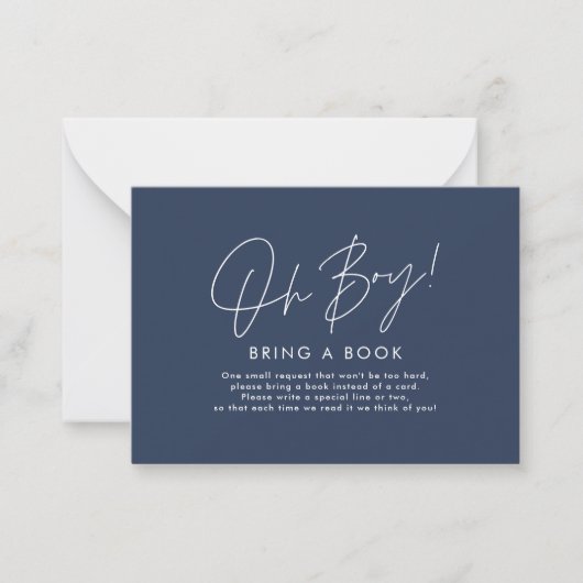 Oh Boy Script Navy Blue baby shower Breng een boek Notitiekaartje (Voorkant)