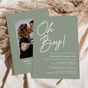 Oh Boy Script Sage Green Foto Baby shower Kaart