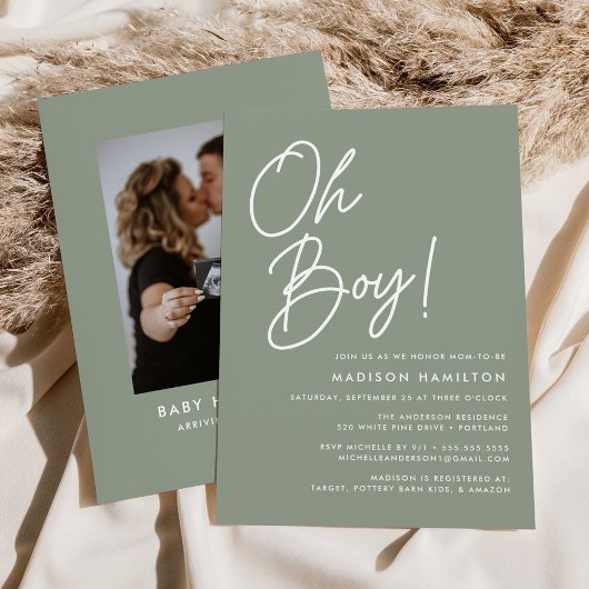 Oh Boy Script Sage Green Foto Baby shower Kaart