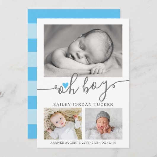 Oh Boy Script Sky Blue Heart Foto Collage Birth Aankondiging (Voorkant / Achterkant)