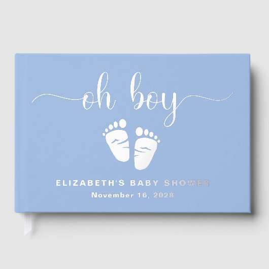 Oh Boy Silver Folie Blauw Baby Voeten Boy Douche Gastenboek (Voorkant)