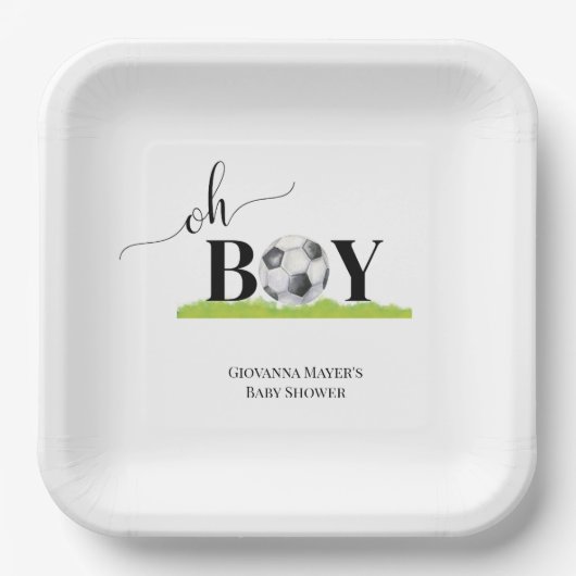 Oh Boy Soccer Boy Baby shower Papieren Bordje (Voorkant)