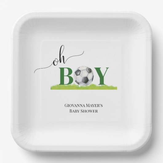 Oh Boy Soccer Boy Baby shower Papieren Bordje (Voorkant)