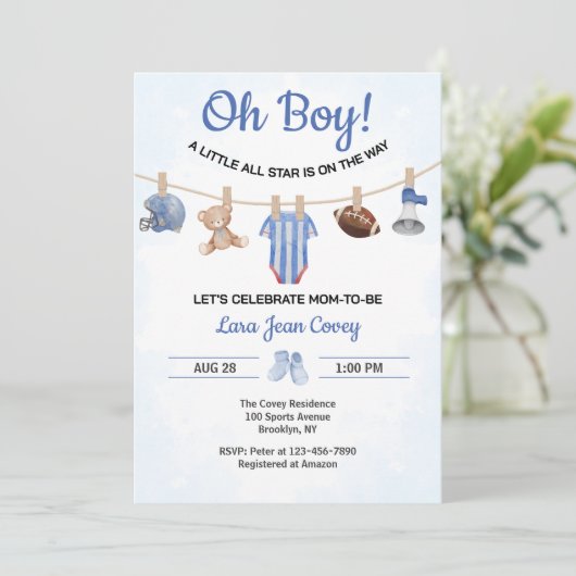 Oh Boy Sports Baby Shower Kaart (Staand voorkant)