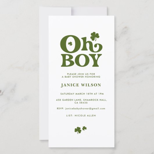 Oh Boy St. Patrick's Day Baby shower Digital Evite Aankondiging (Voorkant)