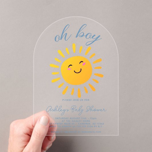 Oh Boy Sunshine Blue Baby shower Acryl Uitnodigingen (Insitu (Draagbaar))