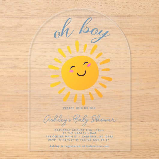 Oh Boy Sunshine Blue Baby shower Acryl Uitnodigingen (Voorkant)