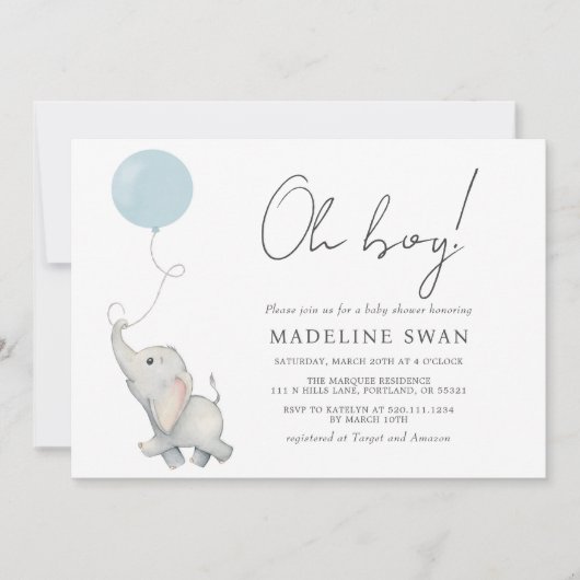 Oh Boy Sweet Elephant Baby shower Invitation Kaart (Voorkant)