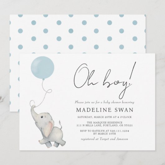 Oh Boy Sweet Elephant Baby shower Invitation Kaart (Voorkant / Achterkant)