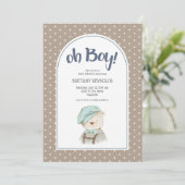 Oh Boy Tan Polka Dot Teddy Bear Baby shower Kaart (Staand voorkant)