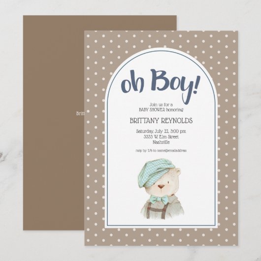 Oh Boy Tan Polka Dot Teddy Bear Baby shower Kaart (Voorkant / Achterkant)