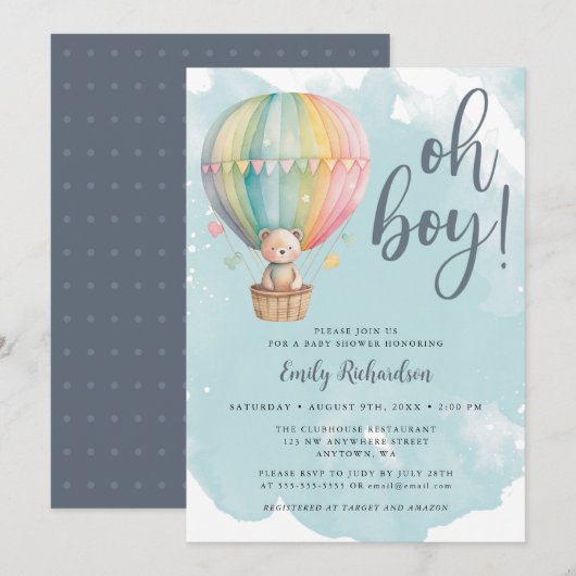 Oh Boy Teddy Bear Blauwe Hete Luchtballon Baby sho Kaart (Voorkant / Achterkant)