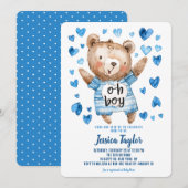 Oh Boy Teddy Bear Blue Hearts Boy Baby shower Kaart (Voorkant / Achterkant)