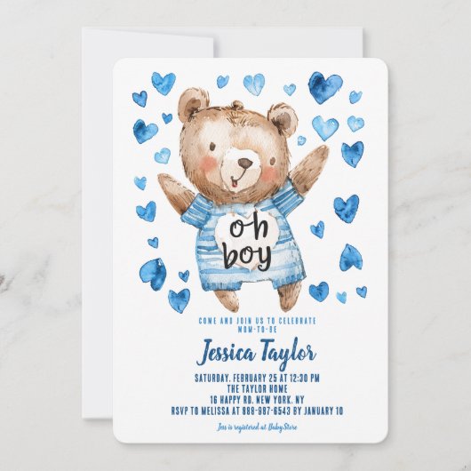 Oh Boy Teddy Bear Blue Hearts Boy Baby shower Kaart (Voorkant)
