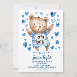 Oh Boy Teddy Bear Blue Hearts Boy Baby shower Kaart