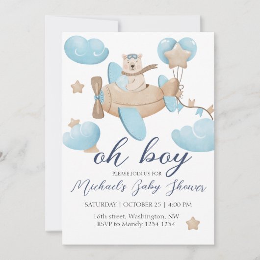Oh Boy Teddy Bear Vliegtuig Baby shower Kaart (Voorkant)