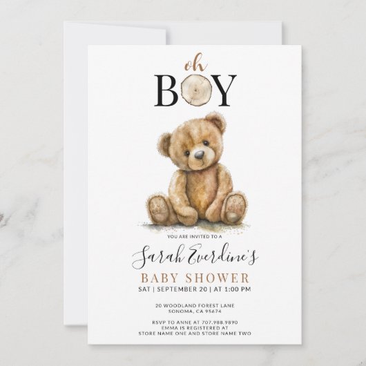 Oh Boy Teddy Bear Waterverf Baby shower Kaart (Voorkant)
