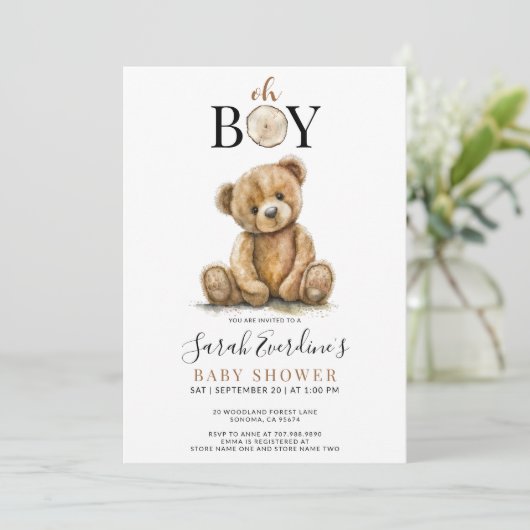 Oh Boy Teddy Bear Waterverf Baby shower Kaart (Staand voorkant)