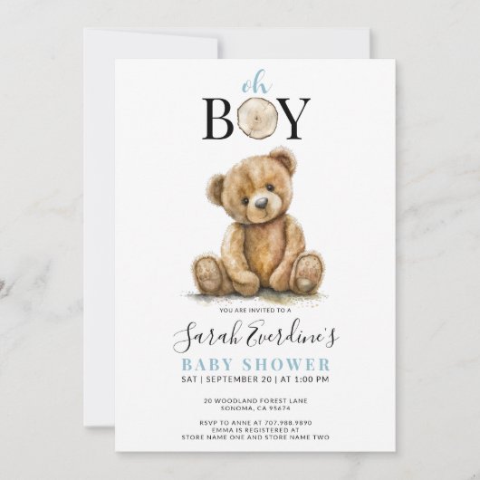 Oh Boy Teddy Bear Waterverf Baby shower Kaart (Voorkant)