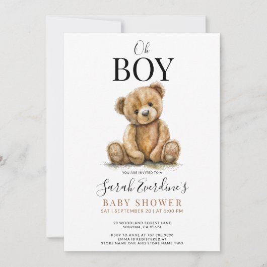 Oh Boy Teddy Bear Waterverf Baby shower Kaart (Voorkant)