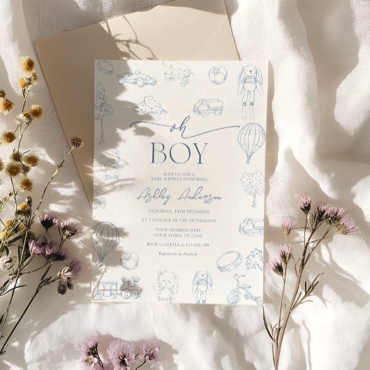 Oh Boy Toile De Jouy Blue Baby shower Kaart