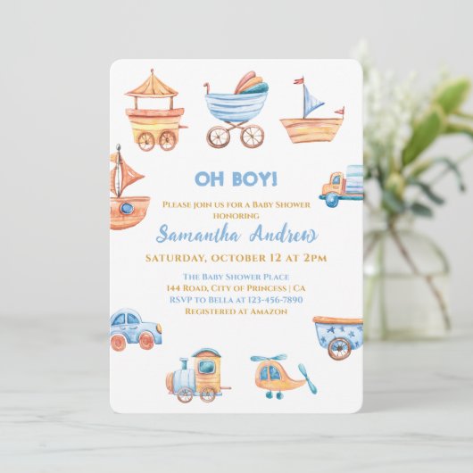 Oh Boy Toys Schattige Baby shower Uitnodiging (Staand voorkant)