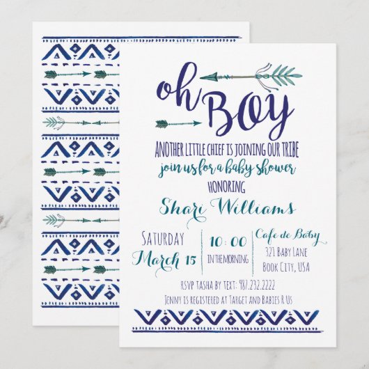 Oh Boy Tribal Baby shower Invitation - BLAUWGROEN  Kaart (Voorkant / Achterkant)