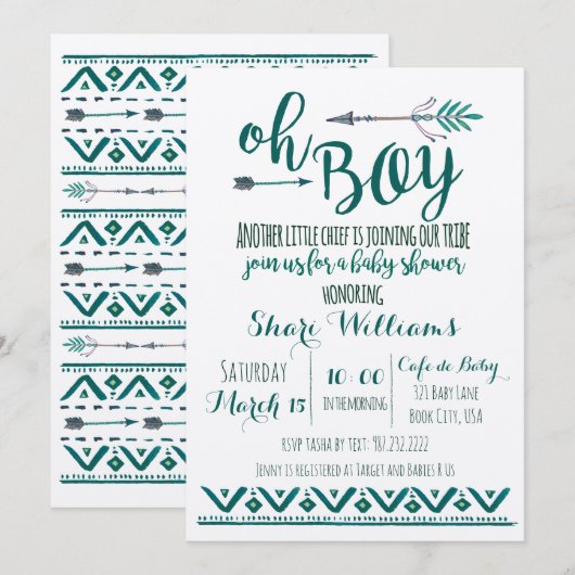 Oh Boy Tribal Baby shower Invitation - Groen Kaart (Voorkant / Achterkant)