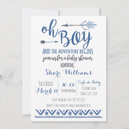 Oh Boy Tribal Baby shower Uitnodiging - CUSTOM (Voorkant)