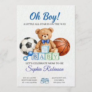  "Oh Boy" Watercolor  Baby Shower Invitation Kaart