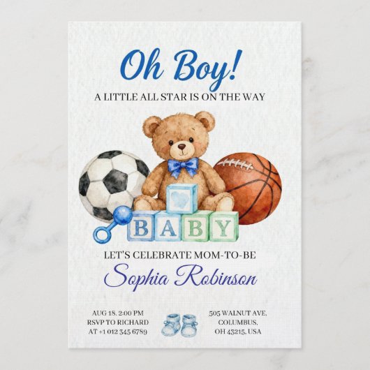  "Oh Boy" Watercolor  Baby Shower Invitation Kaart (Voorkant)
