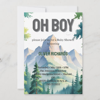 Oh Boy Watercolor Woodland Mountain Baby Shower  Kaart