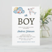 Oh Boy Waterverf Airplane Cloud Sky Baby shower Save The Date (Staand voorkant)
