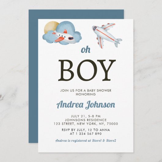 Oh Boy Waterverf Airplane Cloud Sky Baby shower Save The Date (Voorkant / Achterkant)
