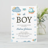 Oh Boy Waterverf Airplane Helikopter Baby shower Save The Date (Staand voorkant)