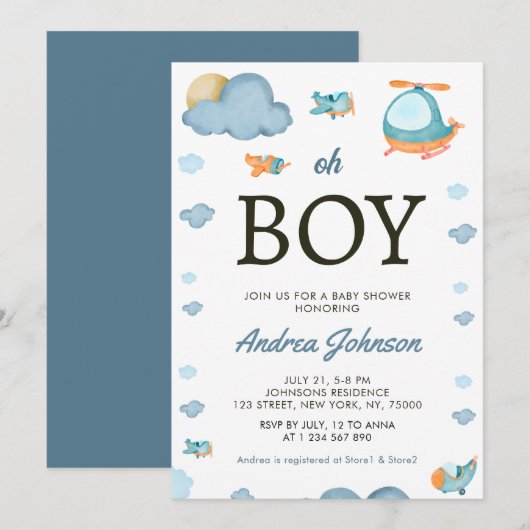 Oh Boy Waterverf Airplane Helikopter Baby shower Save The Date (Voorkant / Achterkant)