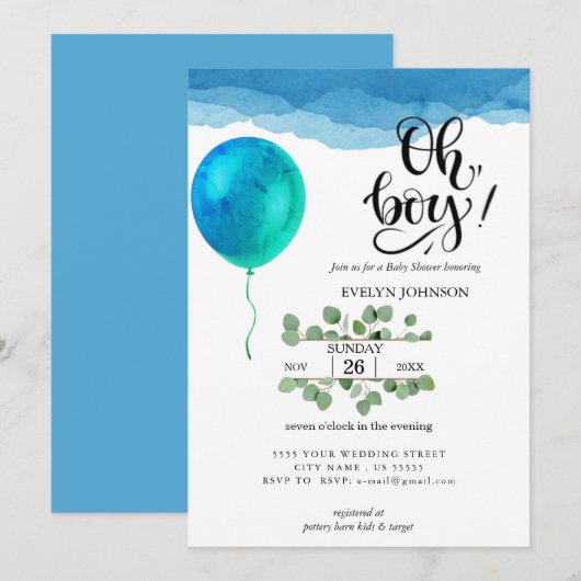 Oh Boy Waterverf Blue Clouds Baby shower Kaart (Voorkant / Achterkant)