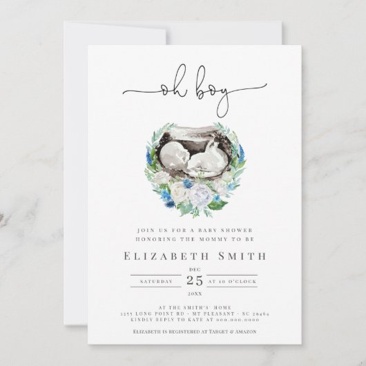 Oh Boy Waterverf Blue Floral Wreath Baby shower I Kaart (Voorkant)