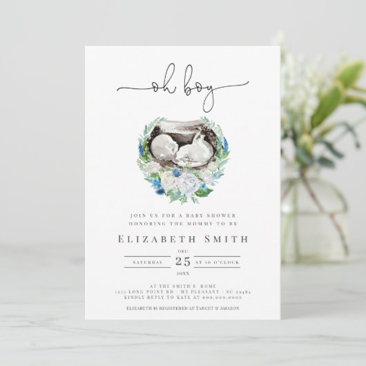 Oh Boy Waterverf Blue Floral Wreath Baby shower I Kaart (Staand voorkant)