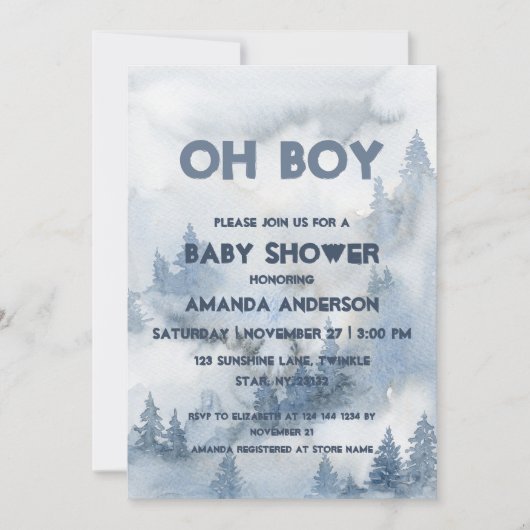 Oh Boy Waterverf Dusty Blue Winter Forest Boy Kaart (Voorkant)