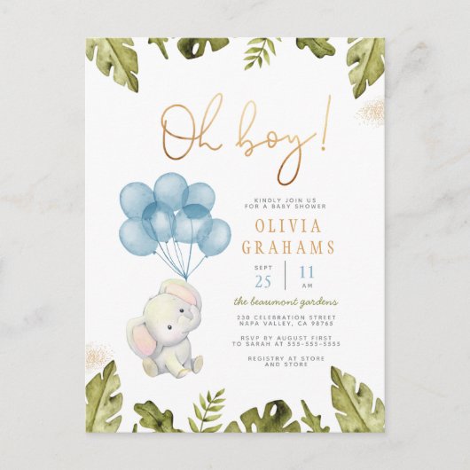 Oh Boy Waterverf Elephant & Leaves Baby shower Briefkaart (Voorkant)