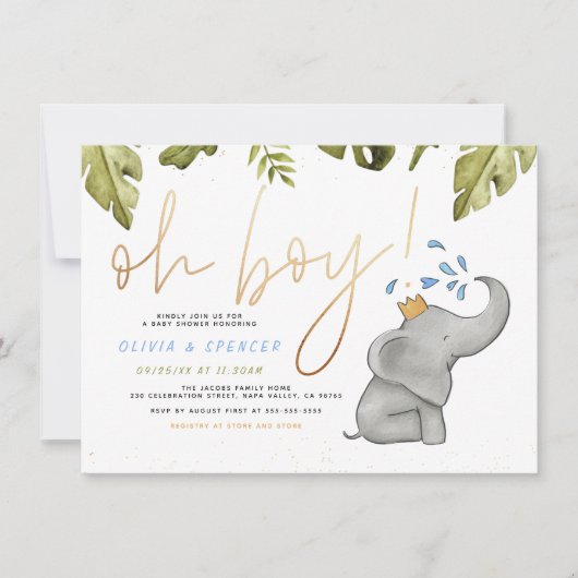 Oh Boy Waterverf Elephant Sprinkle Baby shower Kaart (Voorkant)