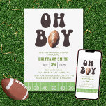 Oh Boy Waterverf Football Baby shower Kaart<br><div class="desc">Oh jongen! Er is een baby jongen onderweg. Dit baby shower heeft een football sportthema. De titeltekst is een groovy retro jaren 70 lettertype met een waterverf football. De onderste grens is een waterverf footballs werflijn.</div>