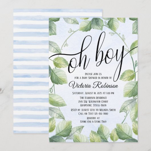 Oh Boy Waterverf Greenery Boy Baby shower Kaart (Voorkant / Achterkant)