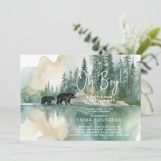 Oh Boy Waterverf Mam En Beer welp Baby shower Kaart (Staand voorkant)