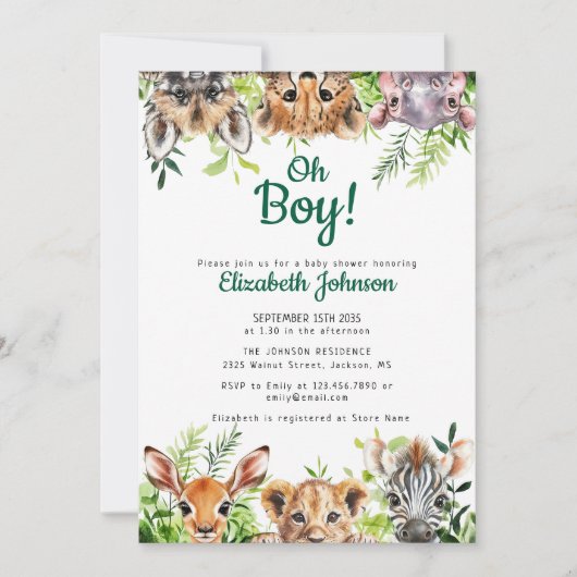 Oh Boy Waterverf Safari Animals Baby shower Kaart (Voorkant)