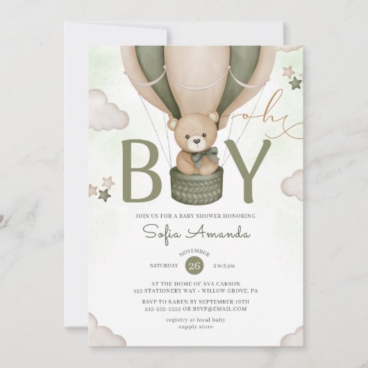 Oh Boy Waterverf Teddy Bear Green Baby shower Kaart (Voorkant)