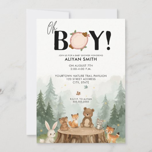 Oh Boy Waterverf Woodland Animals Baby shower Kaart (Voorkant)