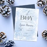 Oh Boy Winter Boy Baby shower Uitnodiging Blue<br><div class="desc">Jongen! Deze winteruitnodiging voor het baby shower Winter Wonderland bevat een blauwe waterverf achtergrond met zachte witte sneeuwvlokken. Het ontwerp is perfect voor een Baby shower van de Boys Winter. Moderne Typografie koppen "oh BOY" in blauw en zilver. Pas tekst met uw informatie van het Baby shower aan.</div>